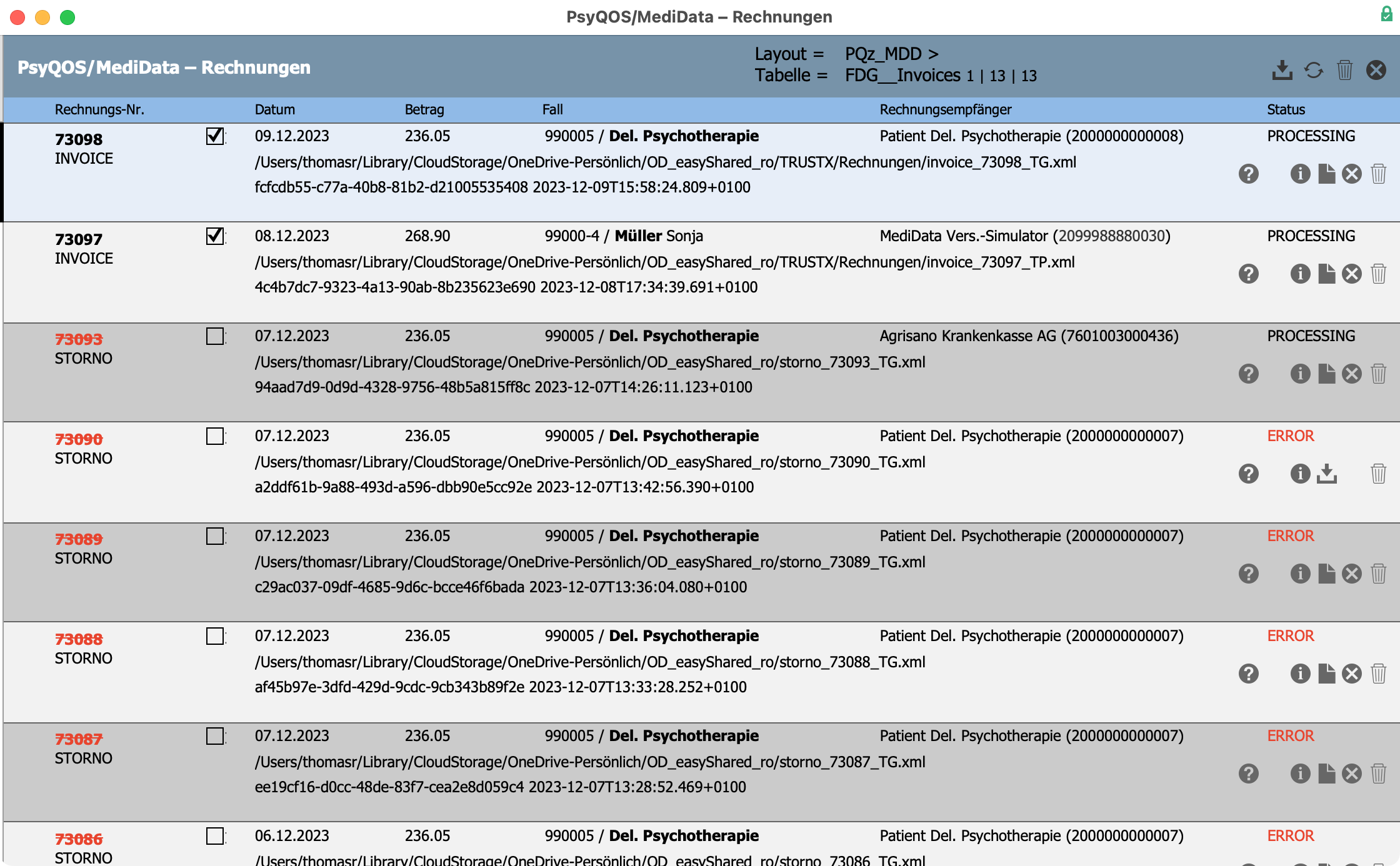 Screenshot MediData Invoice List